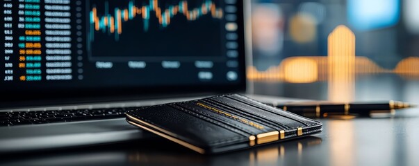 Elegant workspace with a laptop, charts, and a sleek notebook, perfect for finance and business presentations.