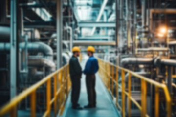 Fototapeta premium Blurred image of engineers inspecting an industrial plant. Visual inspection of pipeline fittings, maintenance and service in hazardous areas