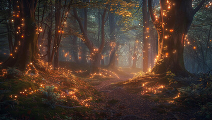 Obraz premium An enchanted forest where the trees sing and the ground glows softly