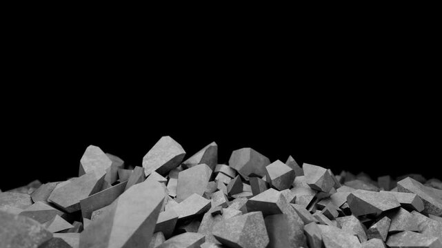 Concrete wall falling. Falling concrete debris. Cracked cement wall. Destruction screensaver. Concrete wall destruction animation. Black and white mask.
