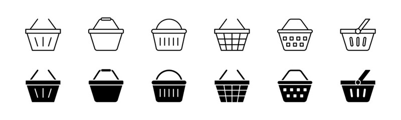 Shopping basket icon set. Line and glyph basket vector. Store basket symbol