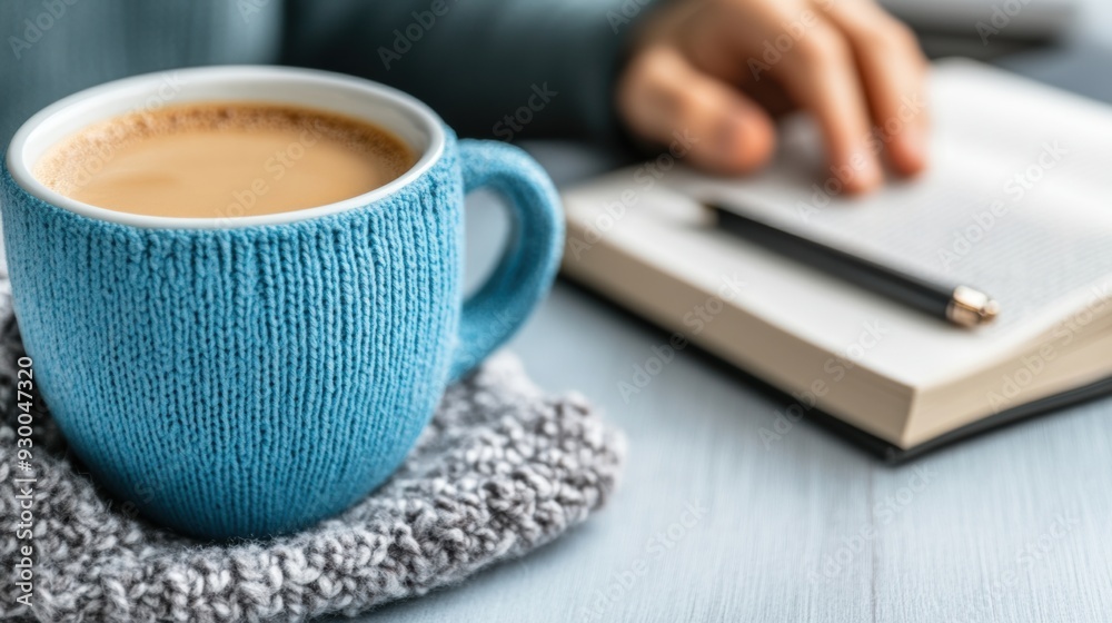 Sticker A person sitting at a table with coffee and book, AI