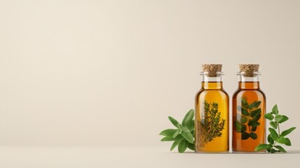 Two glass bottles filled with herbal oil, showcasing natural ingredients, ideal for cooking, wellness, or aromatherapy themes.