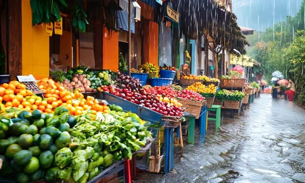 a row of baskets filled with lots of fruit