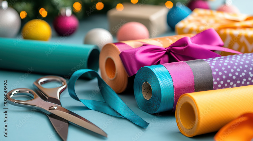 Poster A table with rolls of wrapping paper and scissors next to christmas decorations, AI