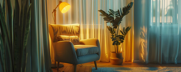 Cozy Living Room Interior with Armchair, Plant, and Floor Lamp - Illustration