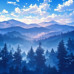 Fototapeta premium Misty Fir Forest: Trendy Retro Abstract Design for Marketing. Anime-Style Foggy Landscape with Cinematic Atmosphere. Versatile Artwork for Greeting Cards, UI Elements, and Seasonal Campaigns. AI-Gener