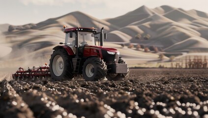 Obraz premium Generate an ultra-realistic image of a modern tractor plowing a field, with hills in the background