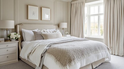 Fototapeta premium A middle-style bed with a neutral color palette, creating a serene and calming atmosphere.