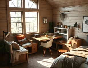 Fototapeta premium Elevation rendering of a Z-shaped study table with built-in wall seating in a simple cabin bedroom. The room boasts a bed, lovely accents, and thriving houseplants. Abundant natural light from an expa