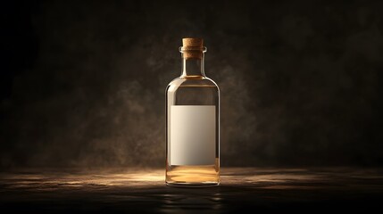 A side view of a product label on a tall glass bottle, blank white label ready for branding, cool, ambient lighting with subtle reflections, minimalist and sleek design with a focus on the label s