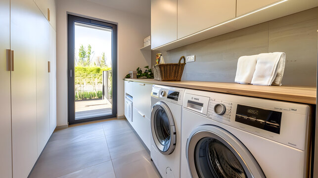 Modern Laundry Room with White Cabinets and Washer and Dryer - Photo