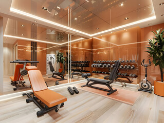 Fototapeta premium Modern Home Gym Interior Design with Orange Accents and Mirrored Walls - 3D Illustration