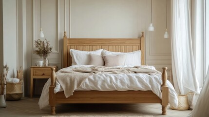 A middle-style bed with a wooden frame, set against a backdrop of soft, muted tones.