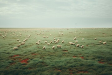 Group of sheeps in the pale green farm landscape grassland livestock.
