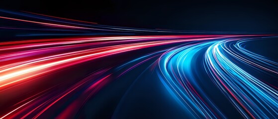 Abstract Blue and Red Light Trails Create Dynamic Curved Lines on Black Background