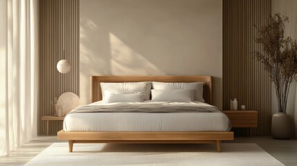 A middle-style bed with a wooden frame, set against a backdrop of soft, muted tones.