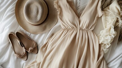 Elegant Beige Dress Shoes and Hat on White Fabric Flatlay