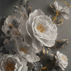 3d luxury floral white flower leaves and golden wall wallpaper.interior wall home decorative background.generative ai