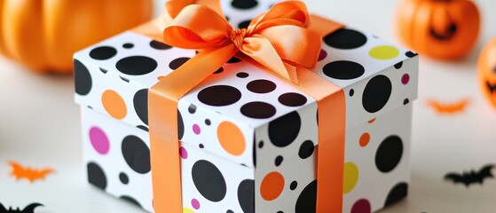 A whimsical Halloween gift box decorated with colorful polka dots, pumpkins, and bats, tied with a bright orange ribbon