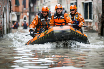 Rescue workers in inflatable boat navigating through flooded urban area during emergency response