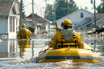Rescue workers in yellow with life jackets navigating floodwaters in residential area with inflatable boat