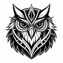 A stylized black and white owl head illustration. The owl has sharp, symmetrical features with bold, intricate patterns on its feathers and intense, large eyes. The design is highly detailed.