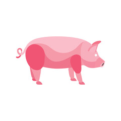 A pink pig with a curly tail. 