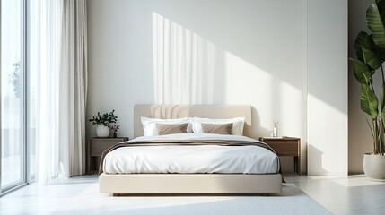 A minimal style bed with clean lines and neutral colors, set in a bright and airy bedroom.