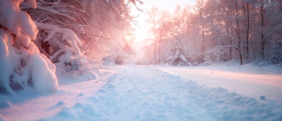  The sun brilliantly illuminates the wooded area, its trees and path covered in pristine snow