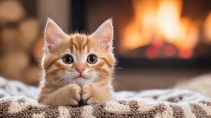 A small orange kitten laying on a blanket in front of the fire, AI