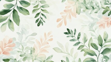 A soft watercolor pattern featuring various green and peach leaves on a light background.