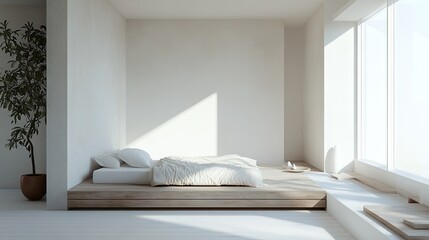 A minimalist bed with a simple wooden frame, surrounded by white walls and natural light.