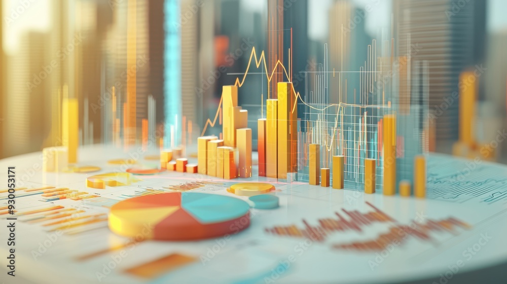 Aufkleber Dynamic 3D rendering of colorful financial charts and graphs set against a blurred cityscape, illustrating data analysis and business performance.
