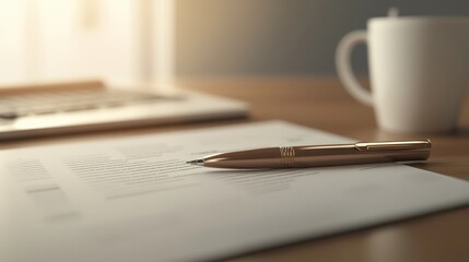 Close-up of a pen resting on a document on a wooden desk, with a blurred laptop and coffee cup in the background.
