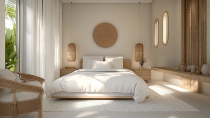 A minimalist bedroom with a white bed, light wood furniture, and a clean, modern design.