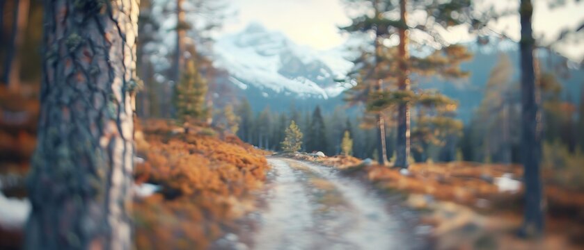  A painting of a forest path with snow-capped mountains in the distance and trees in the foreground