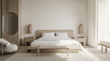 A minimalist bedroom with a white bed, light wood furniture, and a neutral color palette.