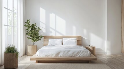 Fototapeta premium A minimalist bedroom with light wood accents and a focus on simplicity and functionality.