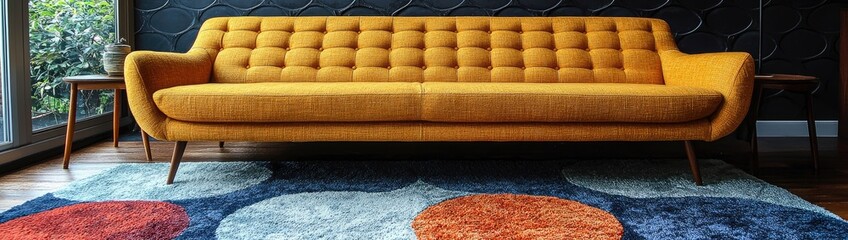 Yellow loveseat sofa and side tables against a colorful circle-patterned wall. The mid-century interior design of the modern living room.
