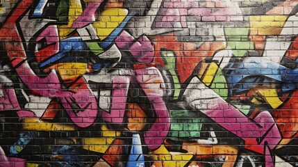 Naklejka premium Vibrant Graffiti Art on Urban Wall Wallpaper, Colorful and Abstract Street Art in Ultrawide View