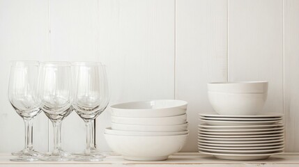 Elegant Clean Dishware and Glasses on White Wooden Table