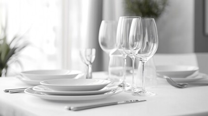 Elegant Set of Clean Dishware, Cutlery, and Champagne Glasses on Table