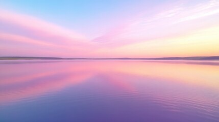 Obraz premium A beautiful, serene lake with a pink and purple sky in the background