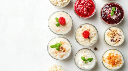 Fototapeta premium Delicious Rice Puddings Set on White Background - Top View
