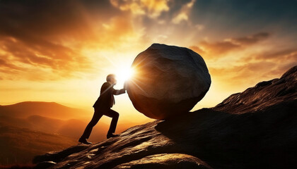 Silhouette of businessman pushing huge stone boulder up on hill at sunset or sunrise. Metaphor of Sisyphus, character from Greek mythology. Generative Ai.