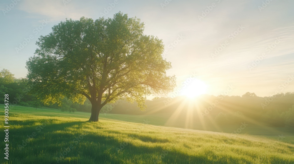 Wall mural a large tree stands in a field of green grass