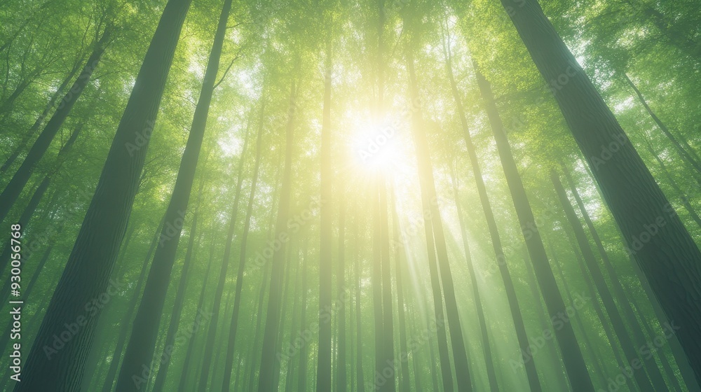Canvas Prints a forest with trees and sunlight shining through the leaves