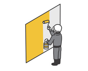 ローラーで塗装をする塗装職人のアイソメベクターイラスト素材