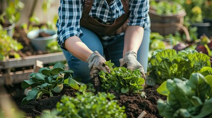 A person wearing gloves and a plaid shirt is gardening, planting leafy green vegetables in rich soil. The garden is lush with various plants and vegetables.